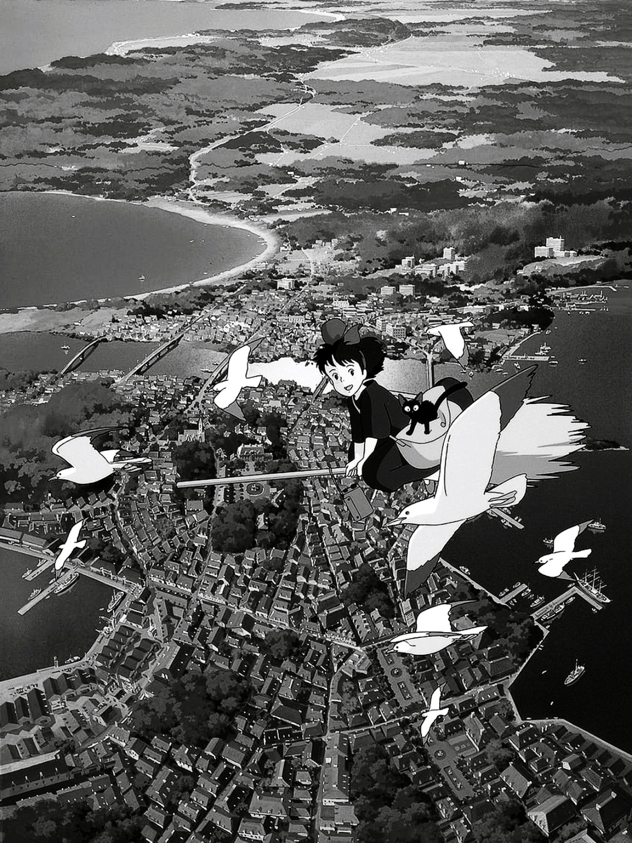Kiki flying over a European city with seagulls for Other e-reader wallpaper or screensaver featuring kiki and witch and more