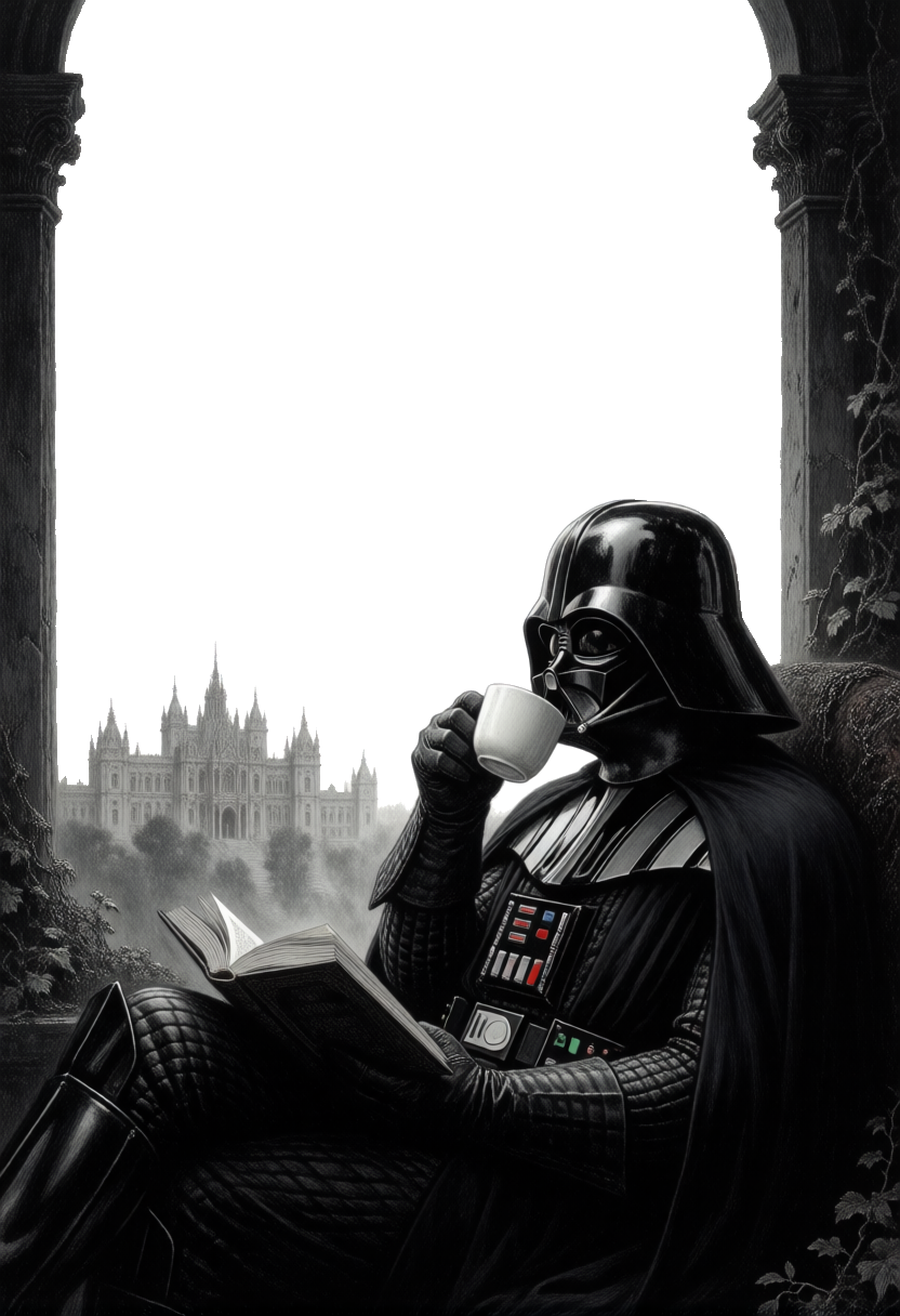 Darth Vader Reading while drinking a Coffee for Kindle Paperwhite e-reader wallpaper or screensaver featuring star wars and darth vader and more
