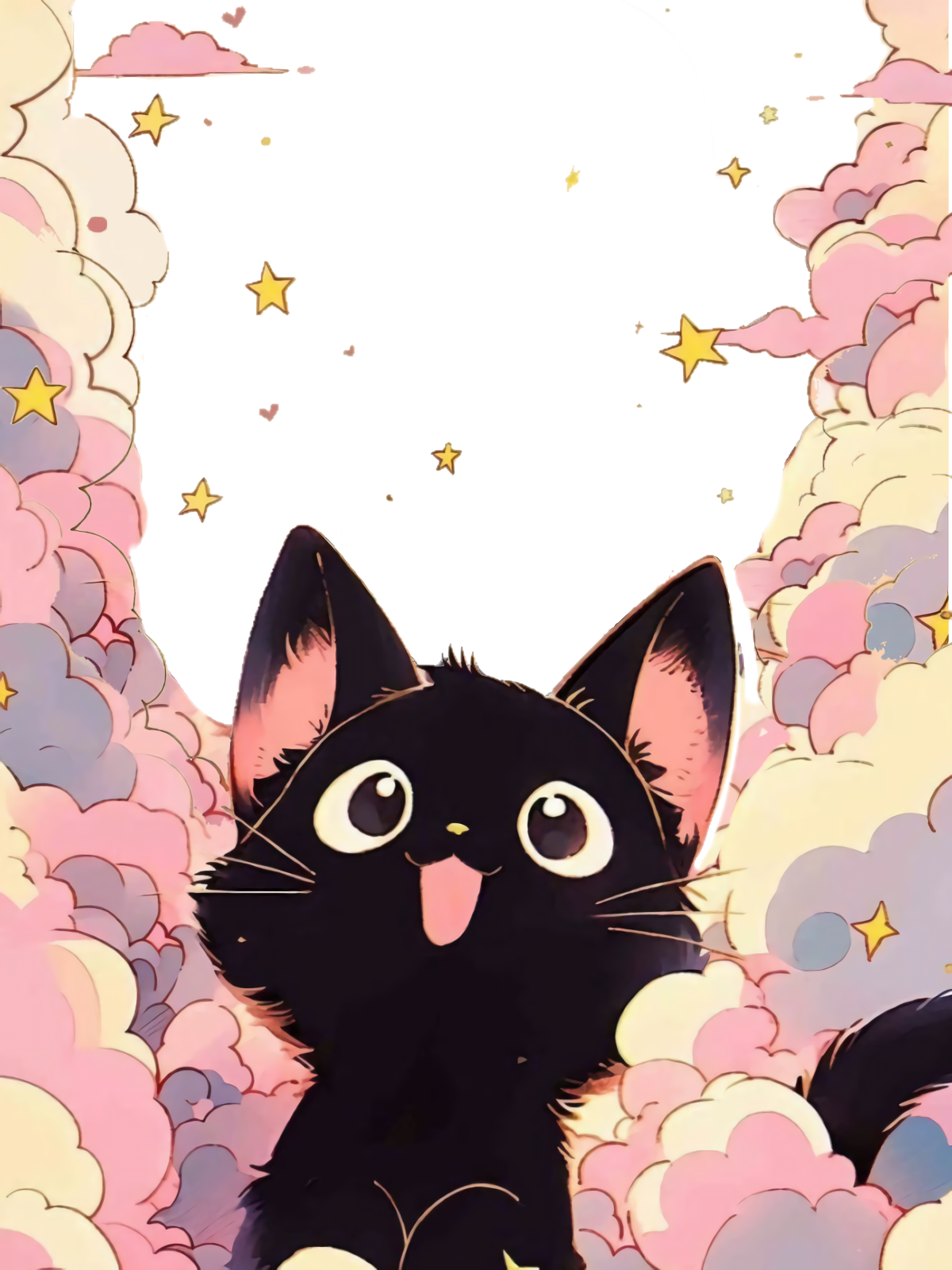 Cute black cat peeking through clouds and stars for Other e-reader wallpaper or screensaver featuring cat and cute and more