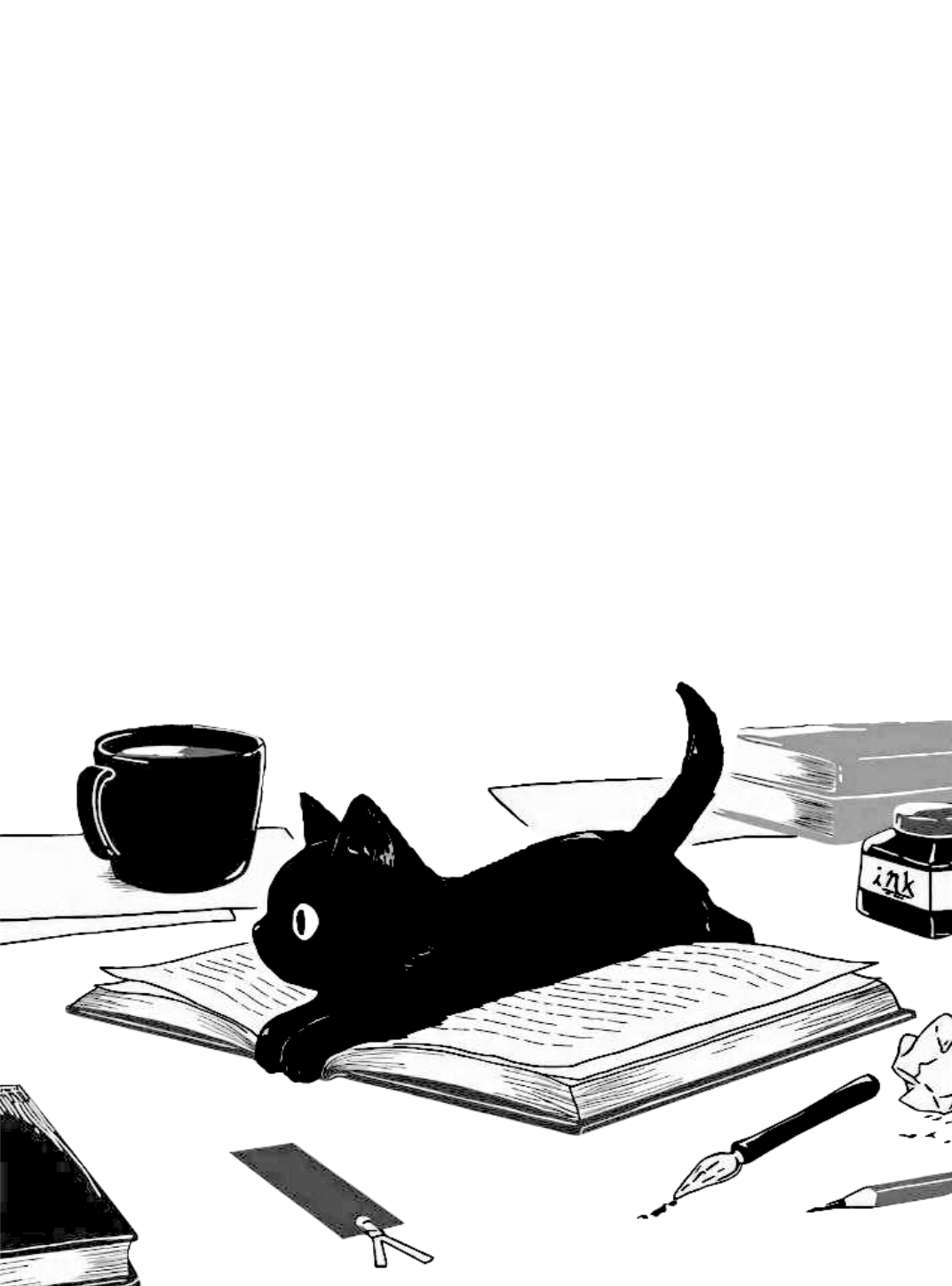 Black cat on an open book with writing supplies for Other e-reader wallpaper or screensaver featuring cat and book and more