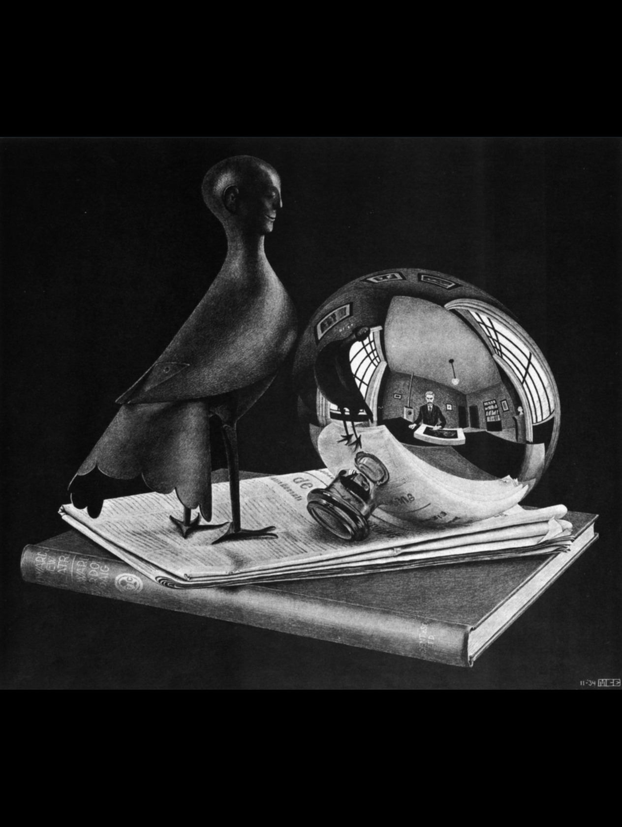Still life with spherical mirror for Kindle Paperwhite e-reader wallpaper or screensaver featuring escher and art and more