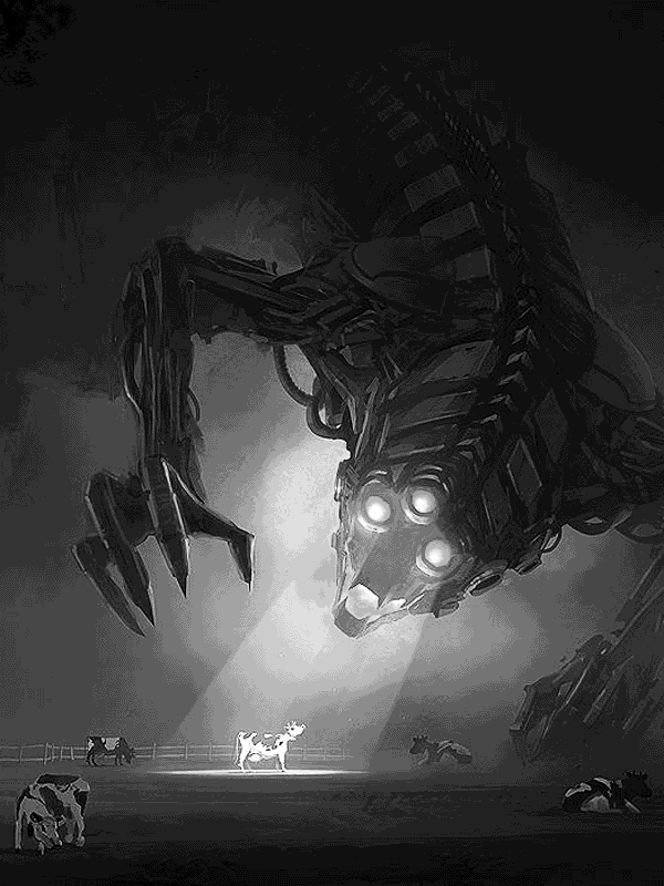 Giant Robot Inspects Cow in Field for Other e-reader wallpaper or screensaver featuring robot and cow and more