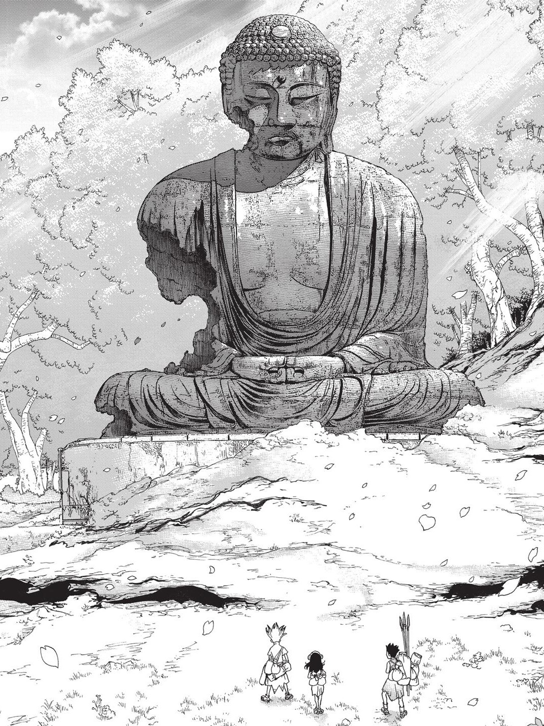 Giant crumbling Buddha statue with tiny explorers for Other e-reader wallpaper or screensaver featuring buddha and statue and more