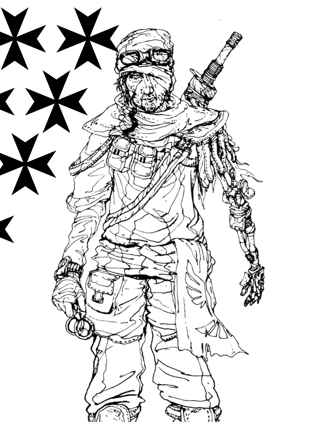 Post-apocalyptic warrior with goggles and prosthetic arm for Other e-reader wallpaper or screensaver featuring warrior and post-apocalyptic and more