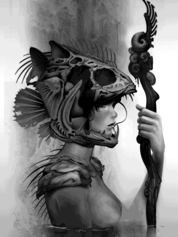 Woman with fish skull helmet holding a staff for Other e-reader wallpaper or screensaver featuring fantasy and art and more