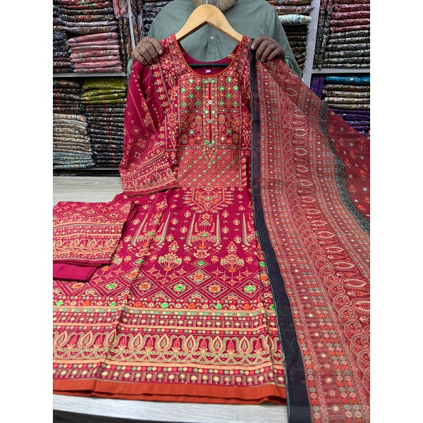 BDyana Slab Megenta Color Cotton Embroidery & Stone Work Threepieces | Slab Megenta Color Cotton Embroidery & Stone Work Threepieces Size: 36-46 Fabrics: Cotton Color: Megenta, Work: Embroidery Work