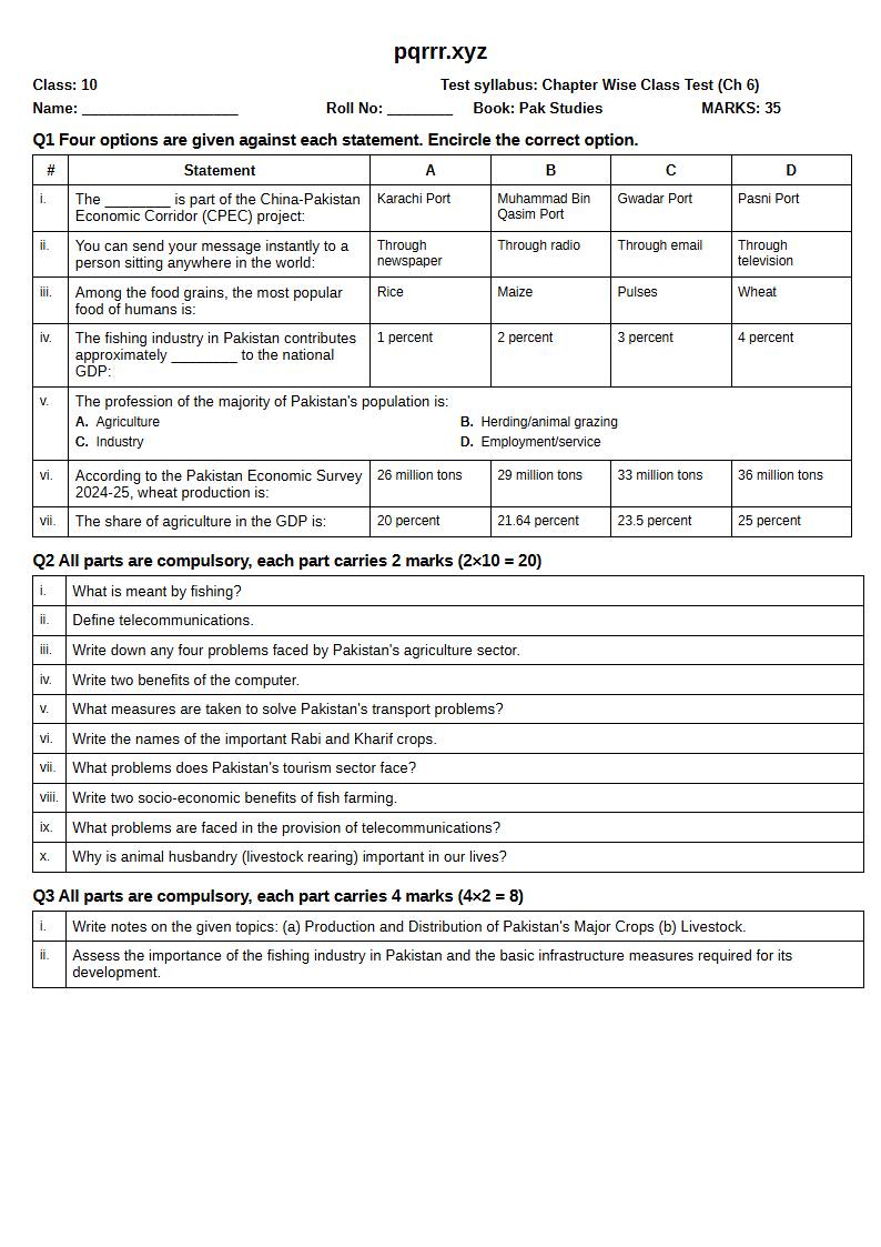 First page of 10th Pak Studies – Chapter 6 – پاکستان کے وسائل اور معاشی ترقی – Chapter Wise Class Test, 35 marks (English)