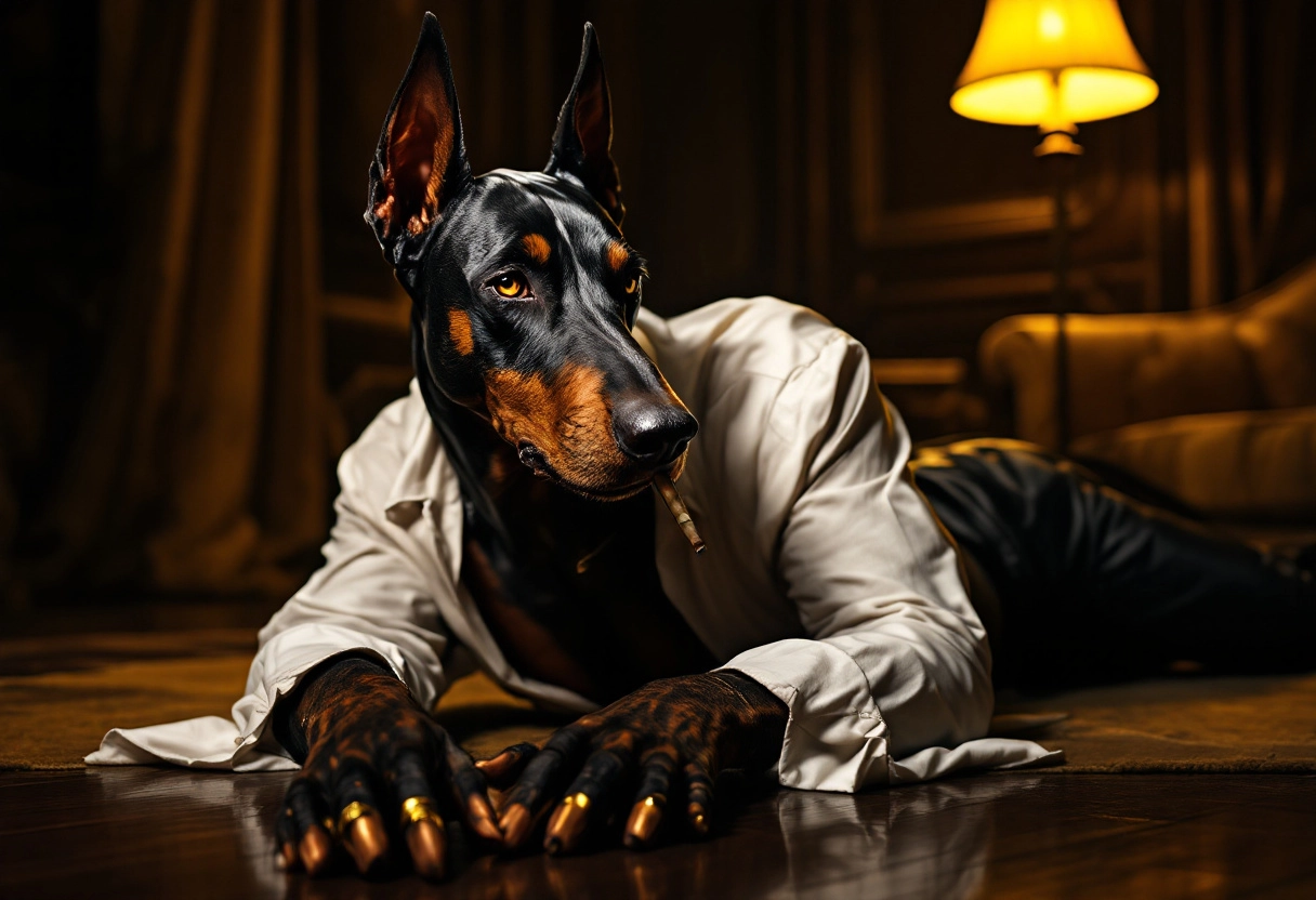 anthro doberman (head of doberman, body of muscular man) Sleek, tall, confident. Sharp cropped ears, a cigarette lazily held between two fingers. Open white shirt with a slight sheen, unbuttoned all the way to the waist. Tight tailored pants  and golden rings.
lying on the floor, 1970s, manspreading like he owns the room. looking straight at the viewer, amused.
Dim-lit lounge or private hotel room,
Confident