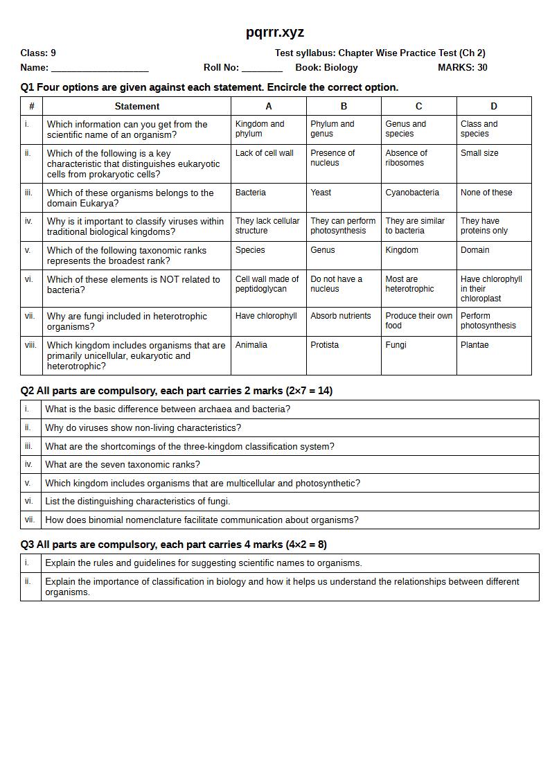 First page of 9th Biology – Chapter 2 – Biodiversity – Chapter Wise Practice Test, 30 marks (English)