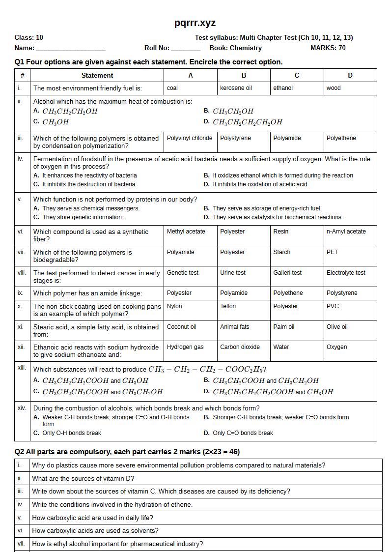 First page of 10th Chemistry – Chapters 10–13 – Multi Chapter Test, 70 marks (English)