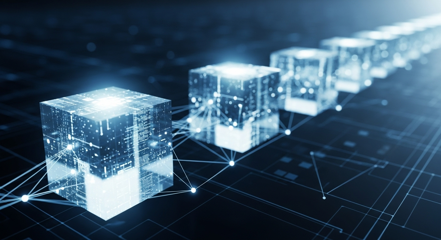 Konzeptuelle Illustration einer Blockchain mit leuchtenden, verbundenen Würfeln