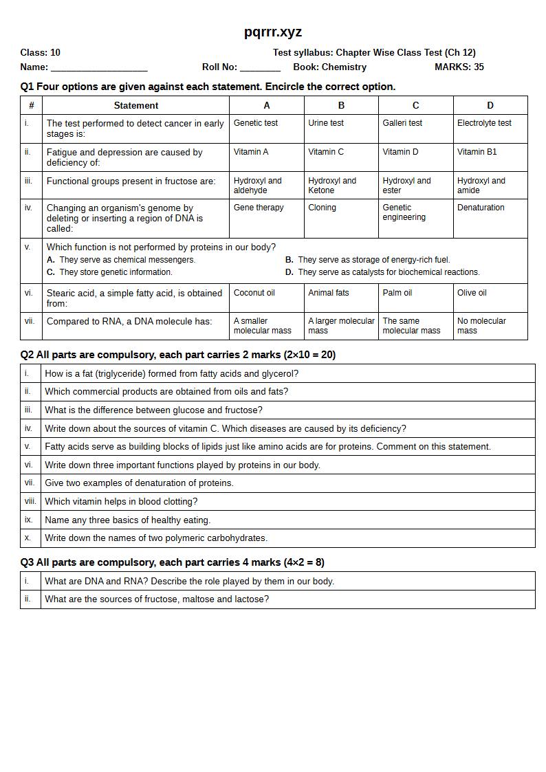 First page of 10th Chemistry – Chapter 12 – Biochemistry – Chapter Wise Class Test, 35 marks (English)