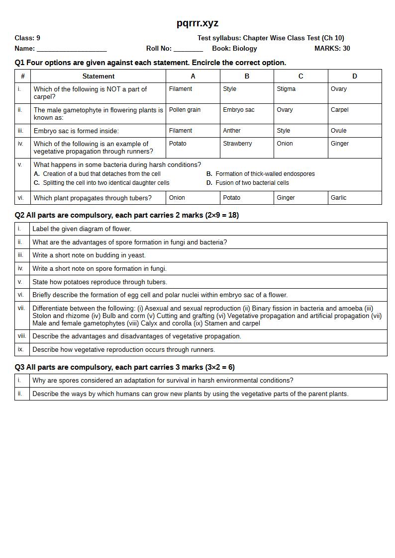 First page of 9th Biology – Chapter 10 – Reproduction in Plants – Chapter Wise Class Test, 30 marks (English)