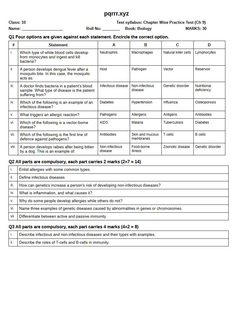 First page of 10th Biology – Chapter 9 – Diseases and Immunity – Chapter Wise Practice Test, 30 marks (English)