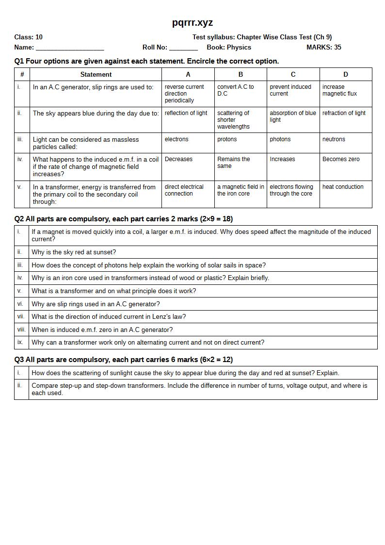 First page of 10th Physics – Chapter 9 – Electromagnetic Induction and Electromagnetic Waves – Chapter Wise Class Test, 35 marks (English)