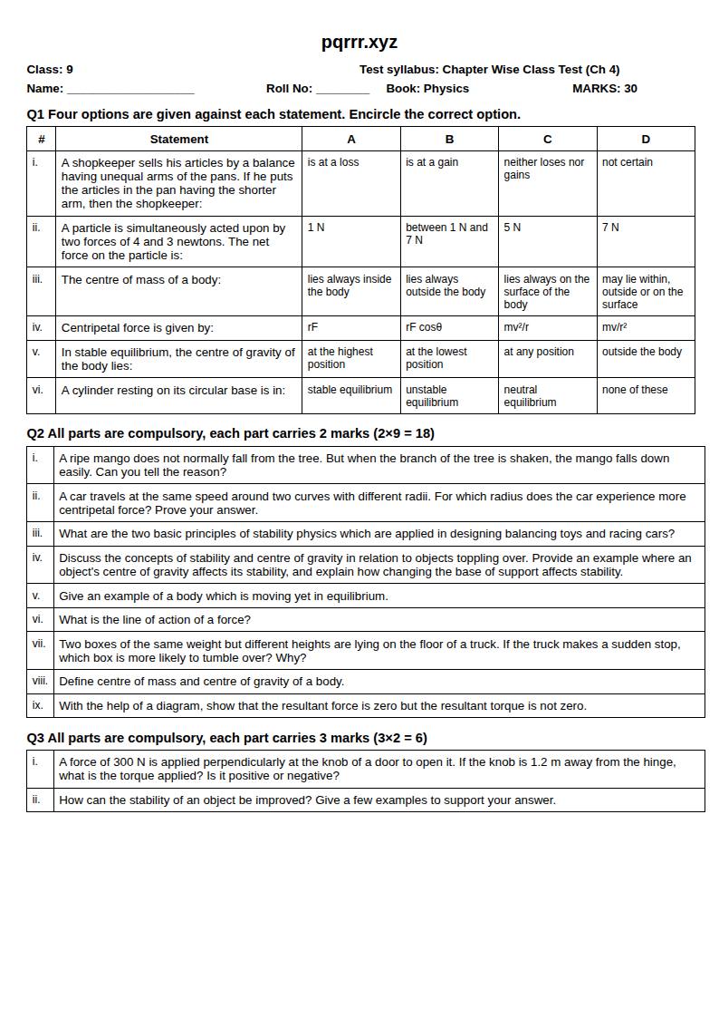 First page of 9th Physics – Chapter 4 – Turning Effects of Force – Chapter Wise Class Test, 30 marks (English)