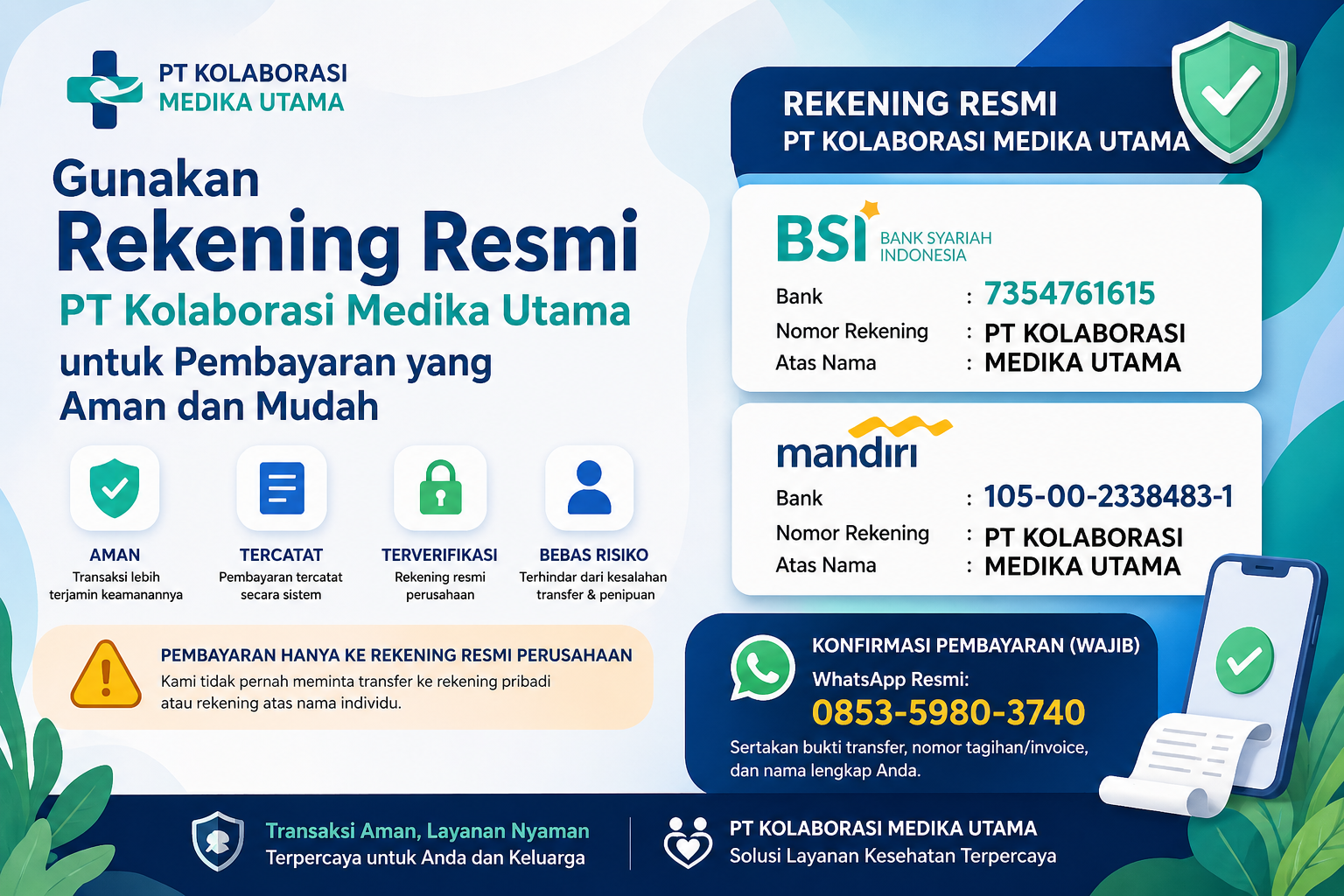 Gunakan Rekening Resmi PT Kolaborasi Medika Utama untuk Pembayaran yang Aman dan Mudah