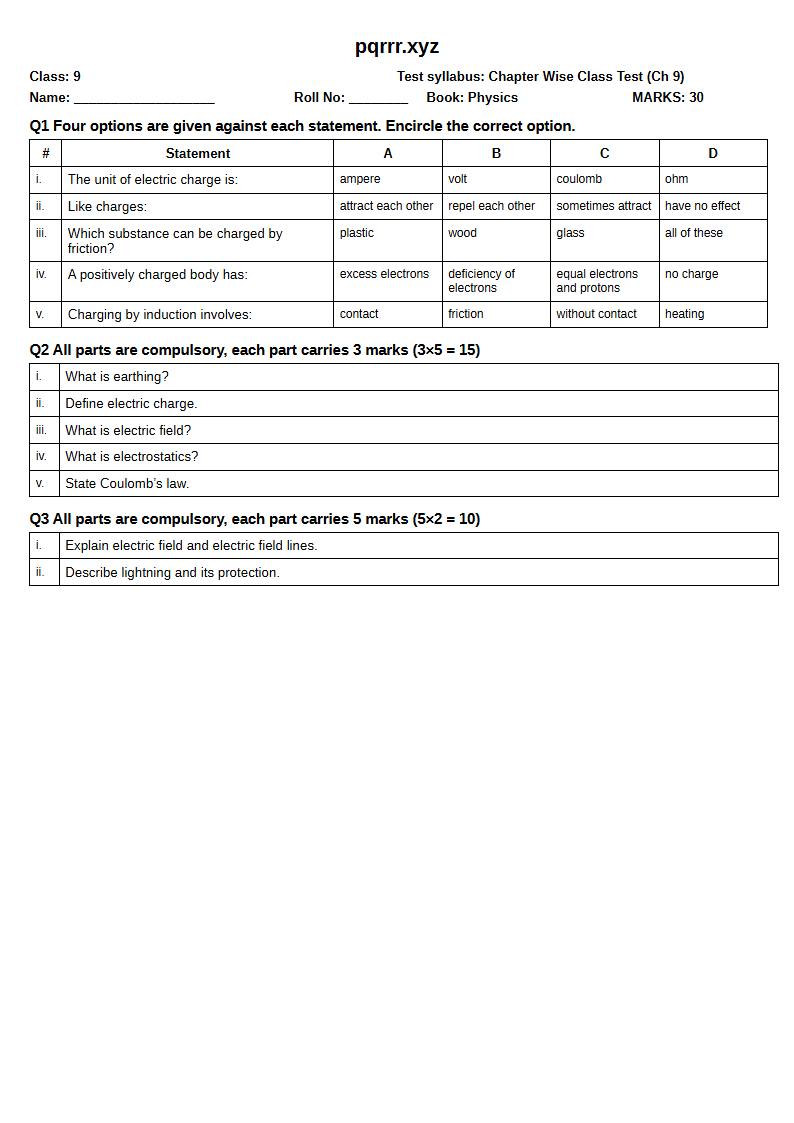 First page of 9th Physics – Chapter 9 – Electrostatics – Chapter Wise Class Test, 30 marks (English)