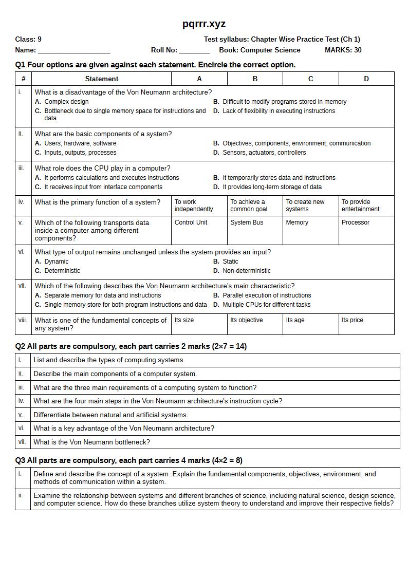 First page of 9th Computer Science – Chapter 1 – Computer System – Chapter Wise Practice Test, 30 marks (English)