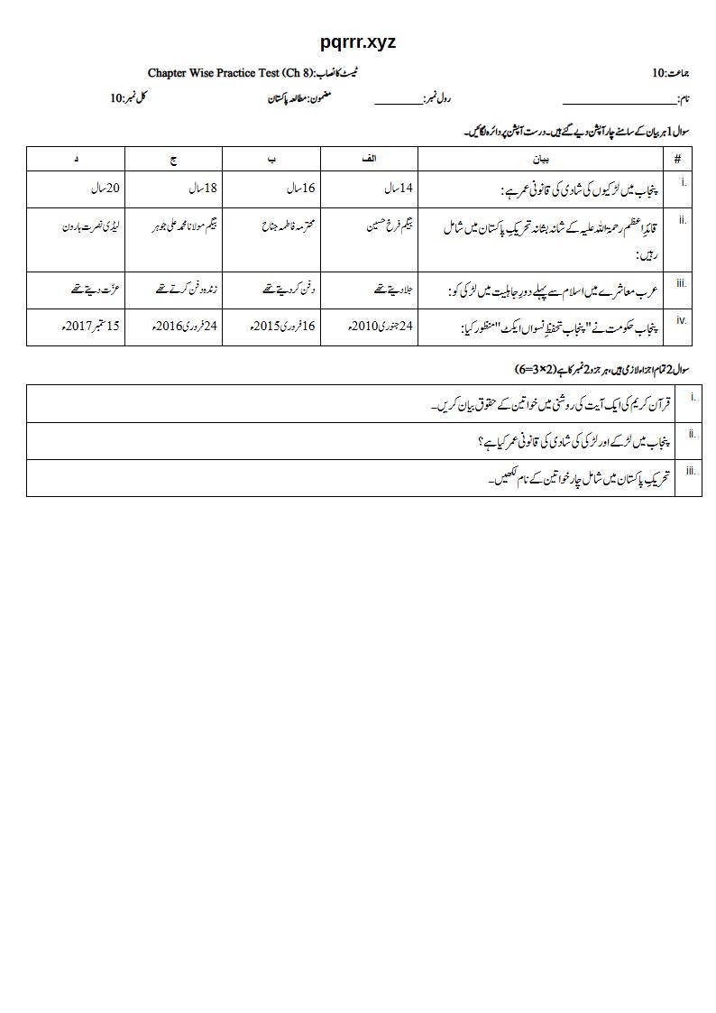 First page of 10th Pak Studies – Chapter 8 – پاکستان میں خواتین کو بااختیار بنانا – Chapter Wise Practice Test, 10 marks (Urdu)