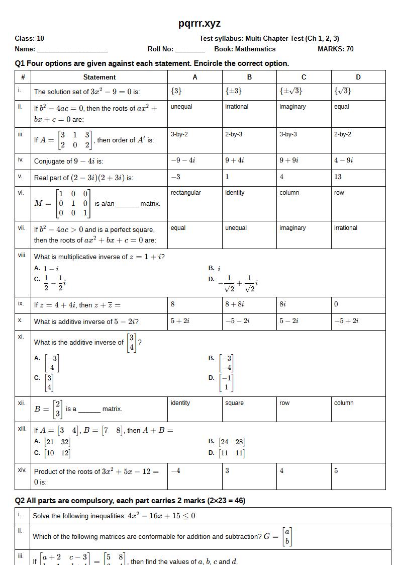 First page of 10th Mathematics – Chapters 1–3 – Multi Chapter Test, 70 marks (English)