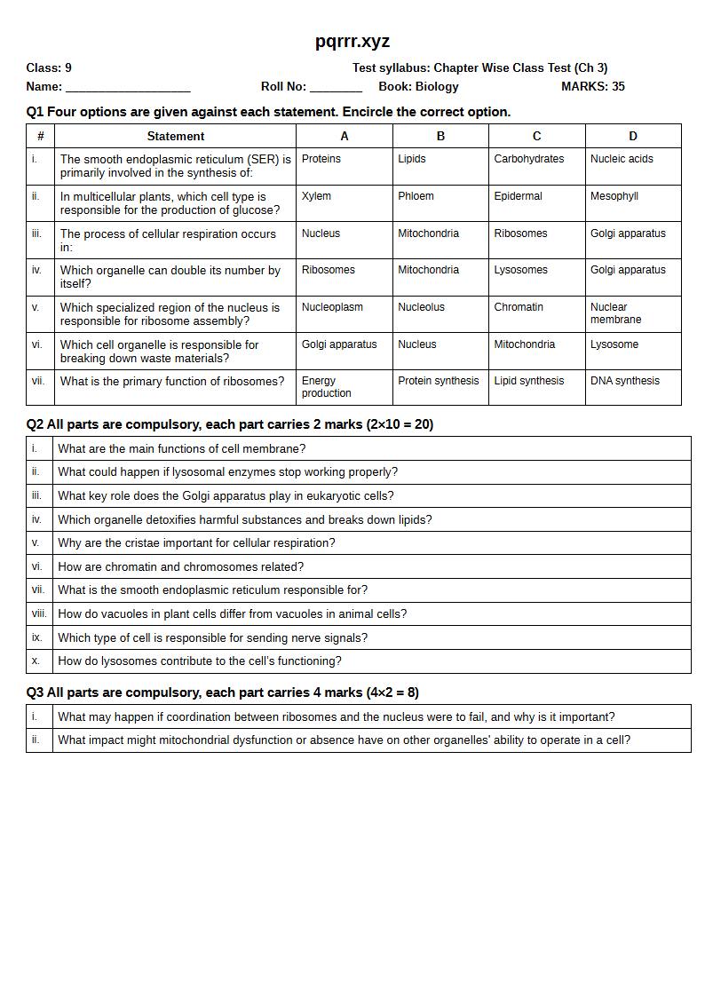 First page of 9th Biology – Chapter 3 – The Cell – Chapter Wise Class Test, 35 marks (English)