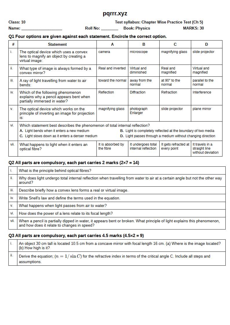 First page of 10th Physics – Chapter 5 – Light – Chapter Wise Practice Test, 30 marks (English)