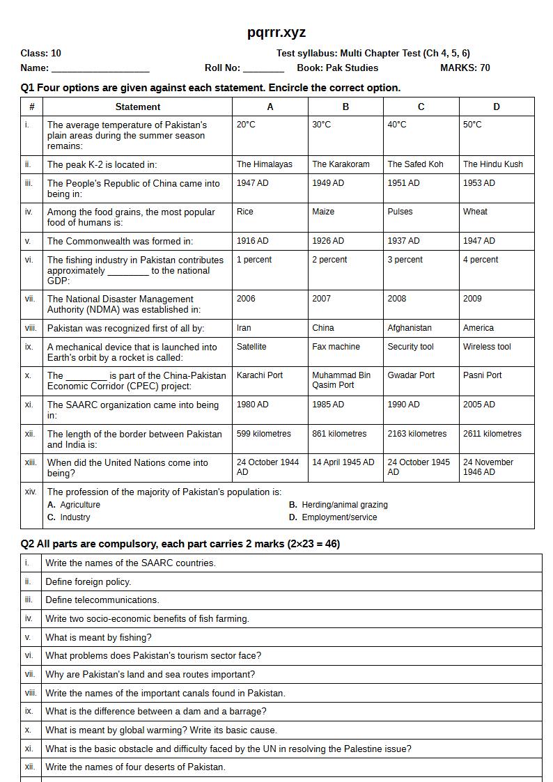 First page of 10th Pak Studies – Chapters 4–6 – Multi Chapter Test, 70 marks (English)