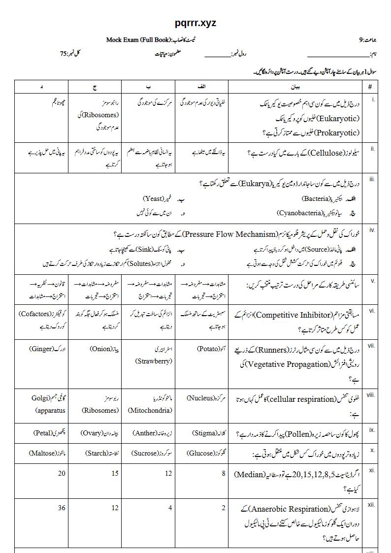First page of 9th Biology – Complete book – Mock Exam, 75 marks (Urdu)