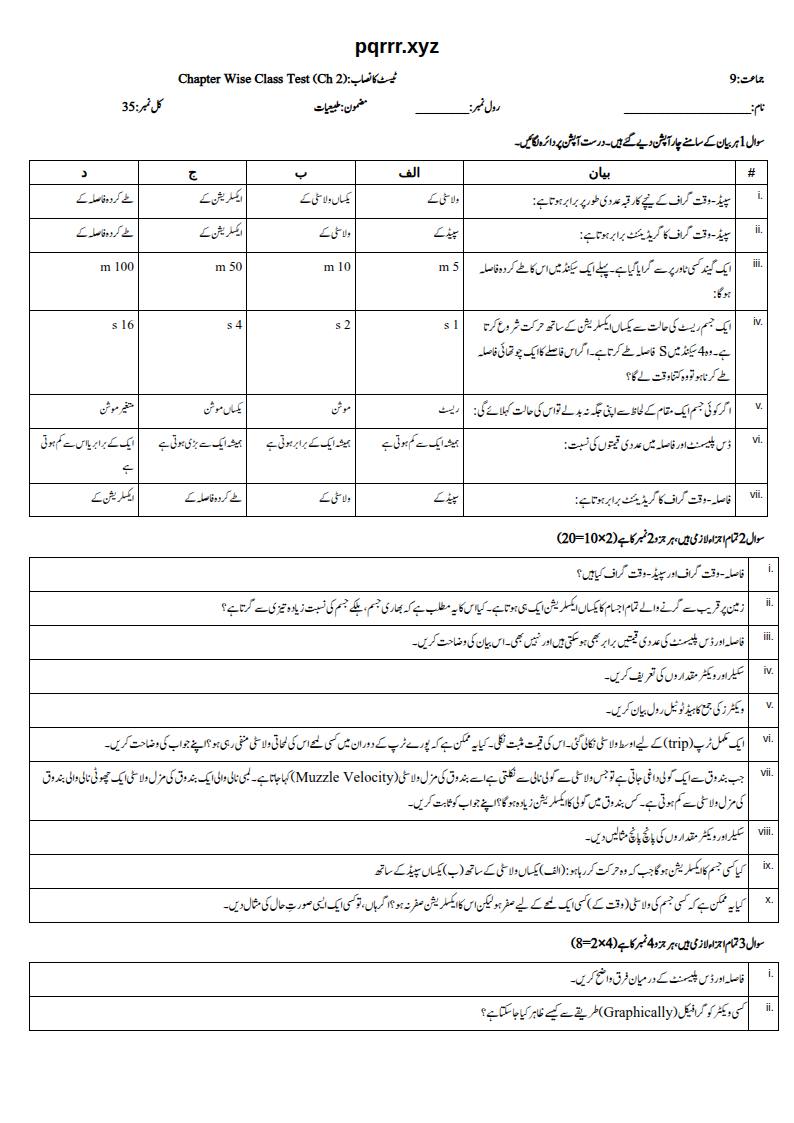 First page of 9th Physics – Chapter 2 – Kinematics – Chapter Wise Class Test, 35 marks (Urdu)