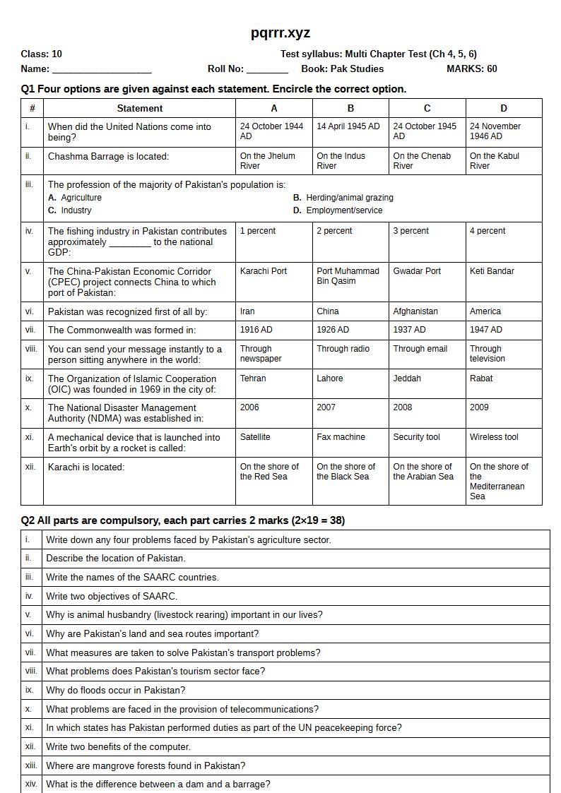 First page of 10th Pak Studies – Chapters 4–6 – Multi Chapter Test, 60 marks (English)