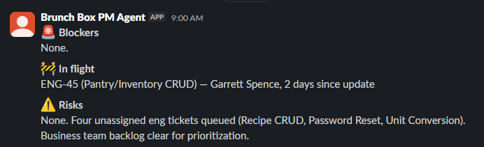 Brunch Box PM Agent Standup Slack Message