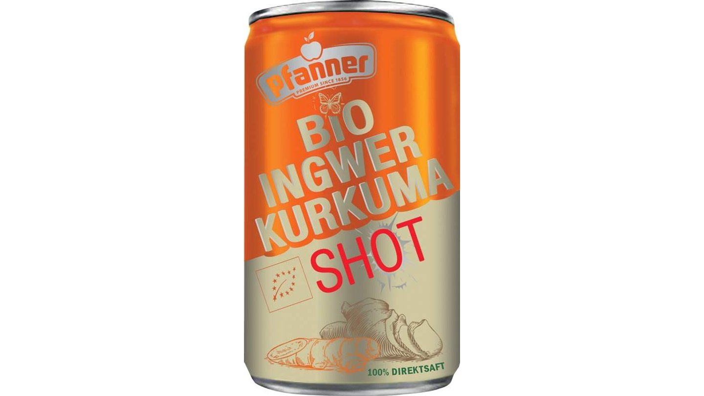 Pfanner Shot pomeranč+zázvor+citron+kurkuma šťáva BIO 150ml plech