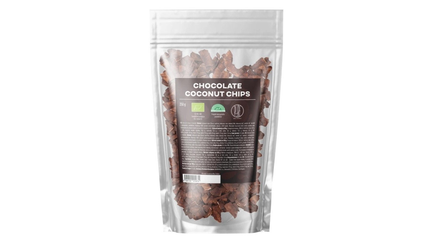 BrainMax Pure® Chocolate Coconut chips, Kokosové chipsy v čokoládě, BIO, 250 g
