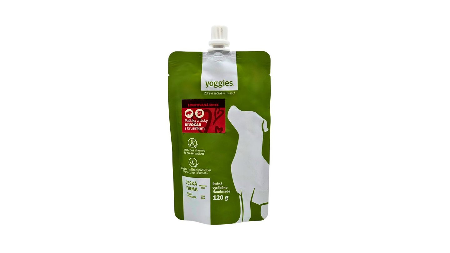Yoggies - paštika z lásky - divočák s brusinkami 120g