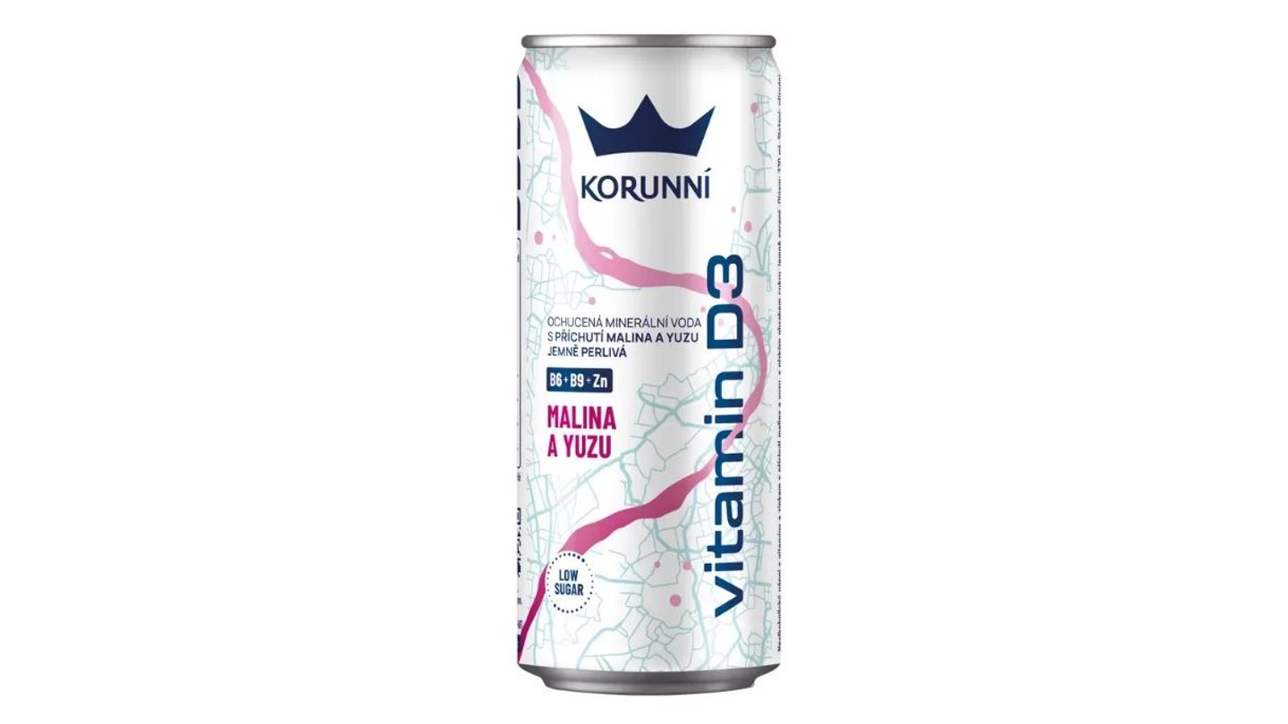  Korunní Minerální voda malina+yuzu s vitaminem D3 jemne perlivá 330ml plech