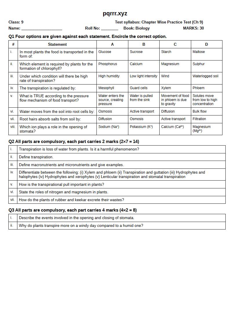 First page of 9th Biology – Chapter 9 – Plant Physiology – Chapter Wise Practice Test, 30 marks (English)