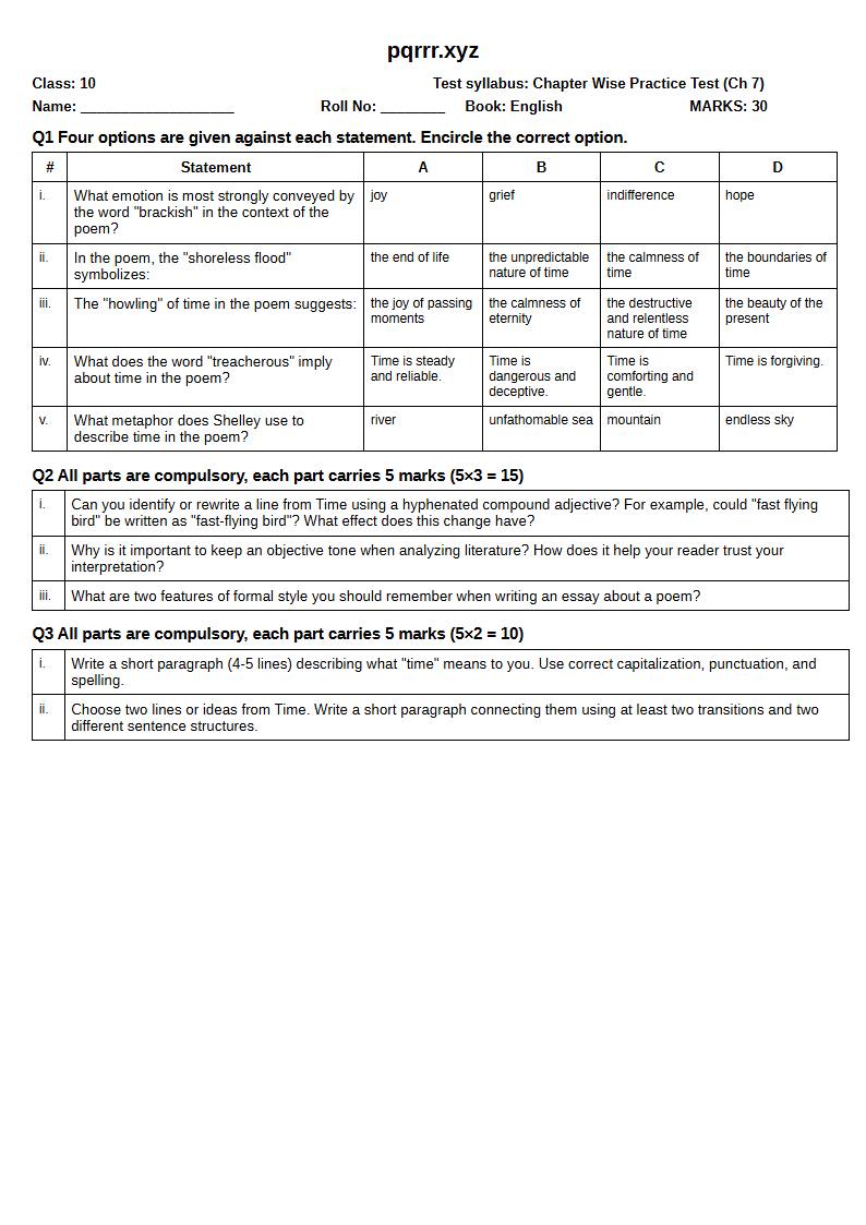 First page of 10th English – Chapter 7 – Time – Chapter Wise Practice Test, 30 marks (English)