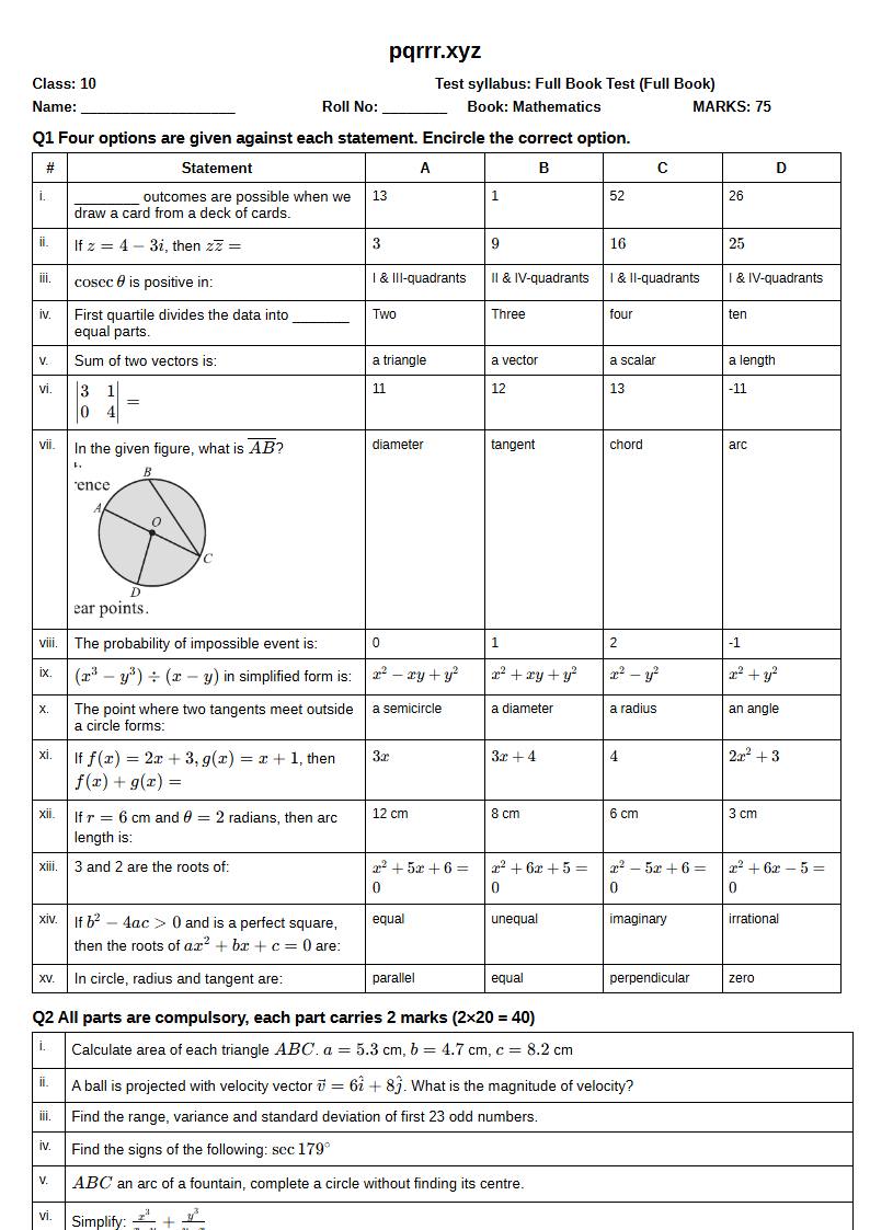 First page of 10th Mathematics – Complete book – Full Book Test, 75 marks (English)