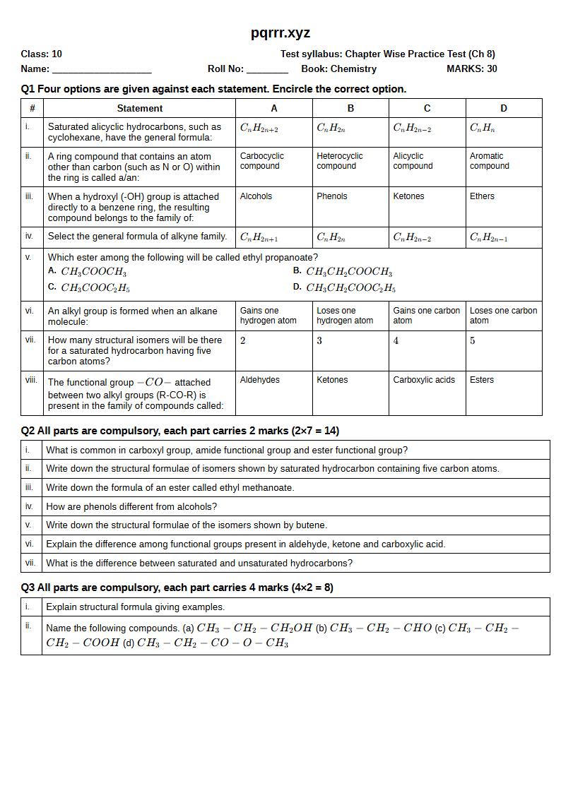 First page of 10th Chemistry – Chapter 8 – Organic Chemistry – Chapter Wise Practice Test, 30 marks (English)