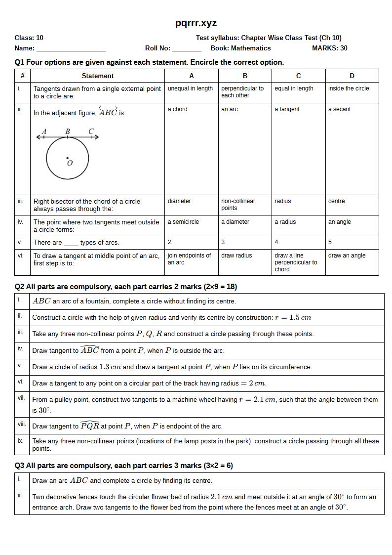 First page of 10th Mathematics – Chapter 10 – Practical Geometry of Circles – Chapter Wise Class Test, 30 marks (English)