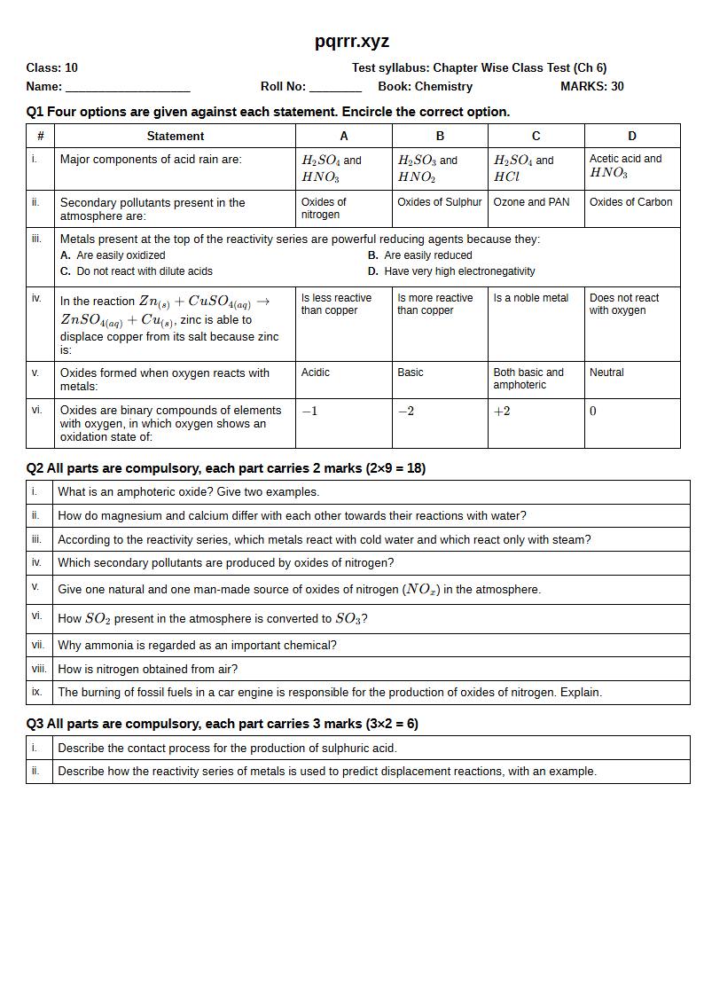 First page of 10th Chemistry – Chapter 6 – Nitrogen and Sulphur – Chapter Wise Class Test, 30 marks (English)