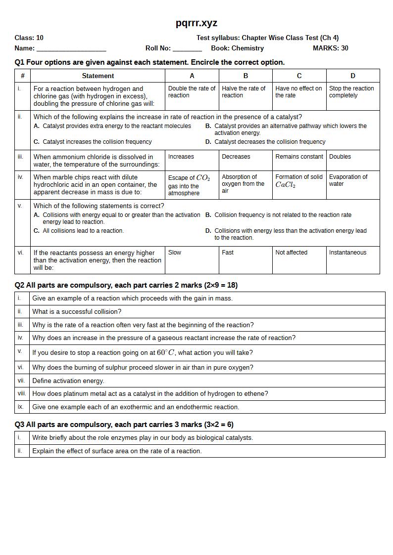 First page of 10th Chemistry – Chapter 4 – Reaction Kinetics – Chapter Wise Class Test, 30 marks (English)