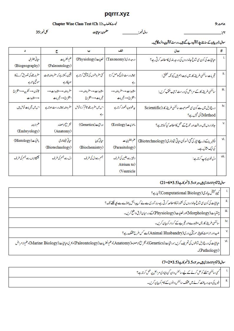 First page of 9th Biology – Chapter 1 – The Science of Biology – Chapter Wise Class Test, 35 marks (Urdu)