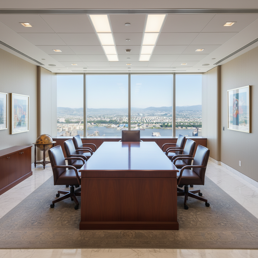 Luxurious empty high-rise law office with mahogany desk and leather chairs