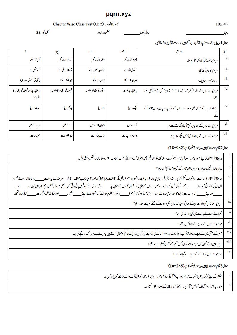 First page of 10th Urdu – Chapter 2 – سرِ سیّد کا بچپن – Chapter Wise Class Test, 35 marks (Urdu)