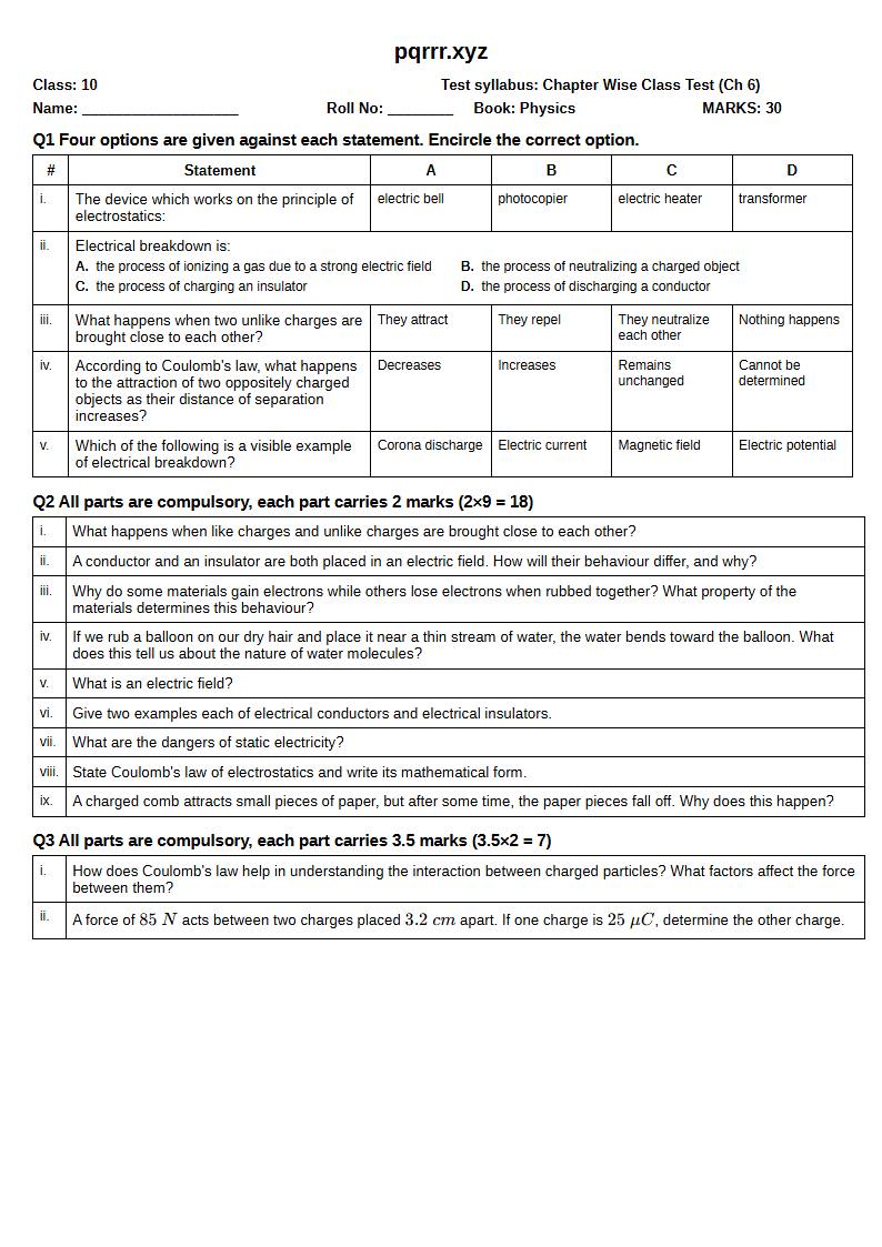 First page of 10th Physics – Chapter 6 – Electrostatics – Chapter Wise Class Test, 30 marks (English)