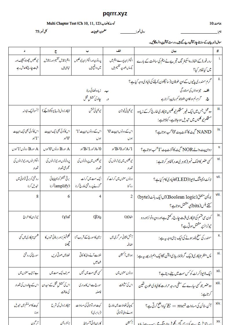 First page of 10th Physics – Chapters 10–12 – Multi Chapter Test, 75 marks (Urdu)