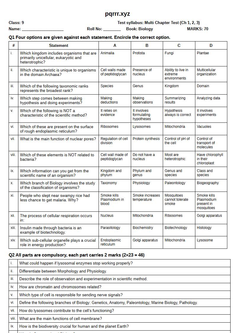 First page of 9th Biology – Chapters 1–3 – Multi Chapter Test, 70 marks (English)