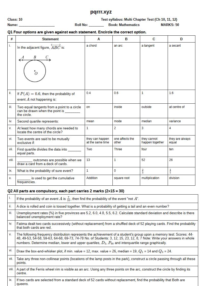 First page of 10th Mathematics – Chapters 10–12 – Multi Chapter Test, 50 marks (English)